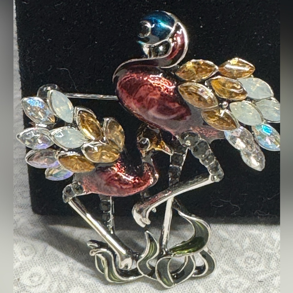 brooch pendant flamingos mult color amber & iridescent stones 2” x 1.5”